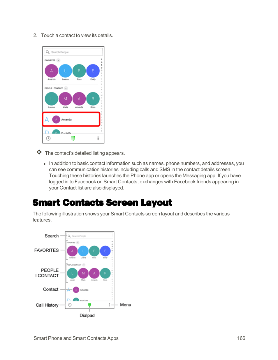 Smart contacts screen layout | Sharp AQUOS Crystal User Manual | Page 175 / 448