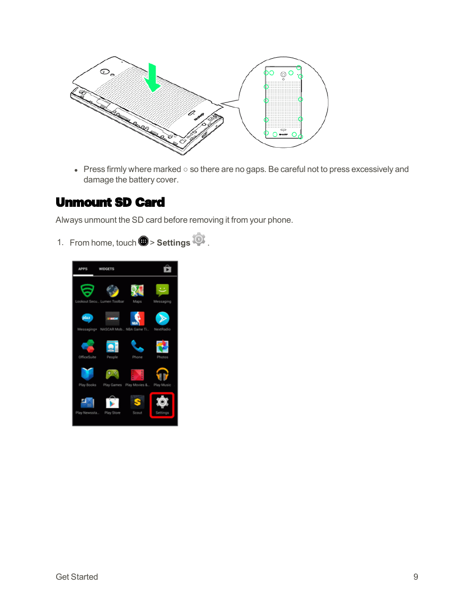 Unmount sd card | Sharp AQUOS Crystal User Manual | Page 18 / 448