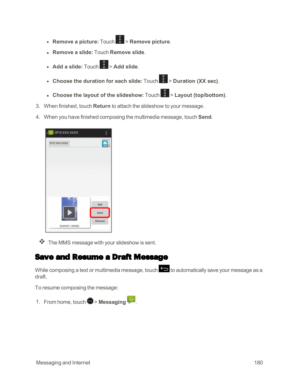 Save and resume a draft message | Sharp AQUOS Crystal User Manual | Page 189 / 448