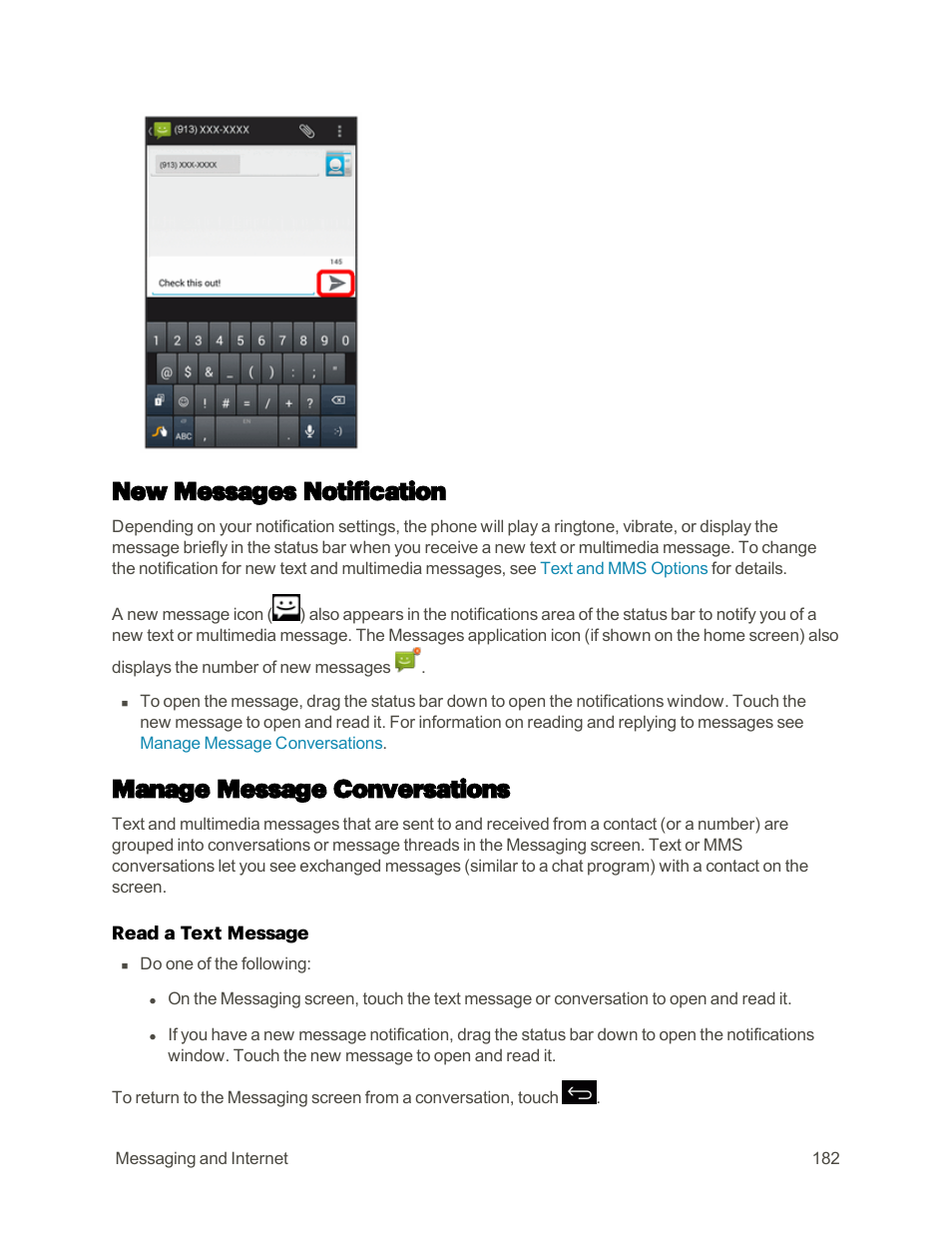 New messages notification, Manage message conversations | Sharp AQUOS Crystal User Manual | Page 191 / 448