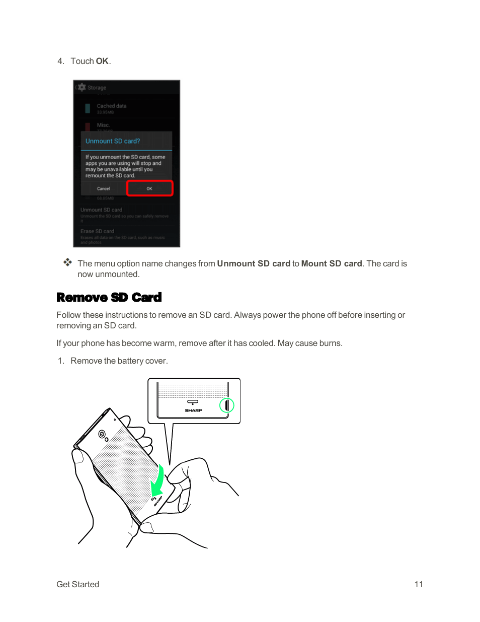 Remove sd card | Sharp AQUOS Crystal User Manual | Page 20 / 448