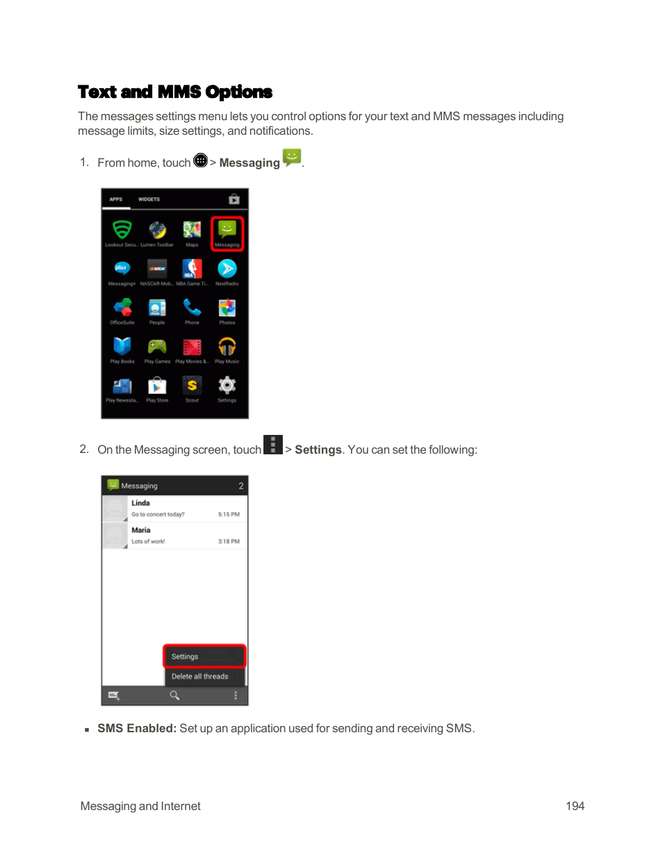 Text and mms options | Sharp AQUOS Crystal User Manual | Page 203 / 448