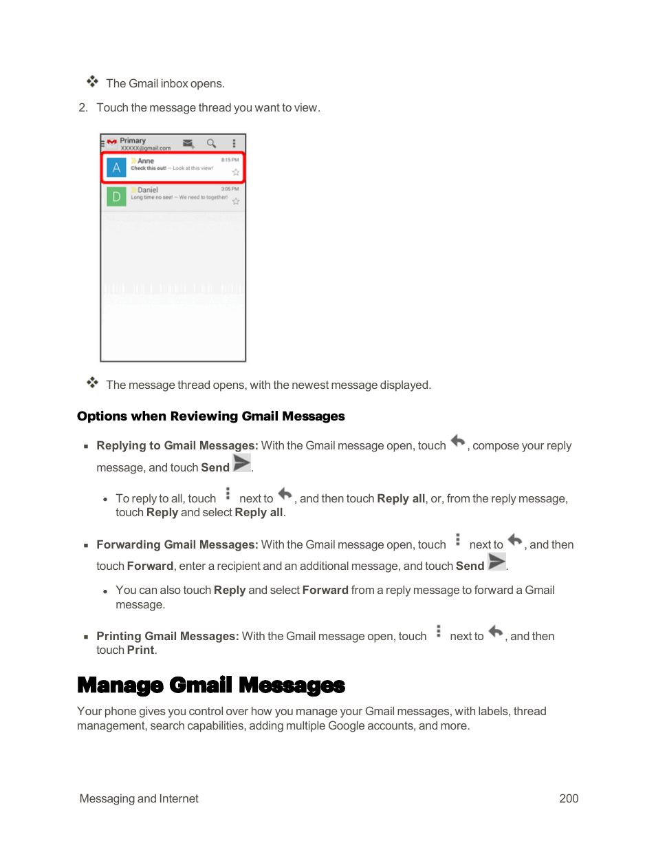 Manage gmail messages | Sharp AQUOS Crystal User Manual | Page 209 / 448