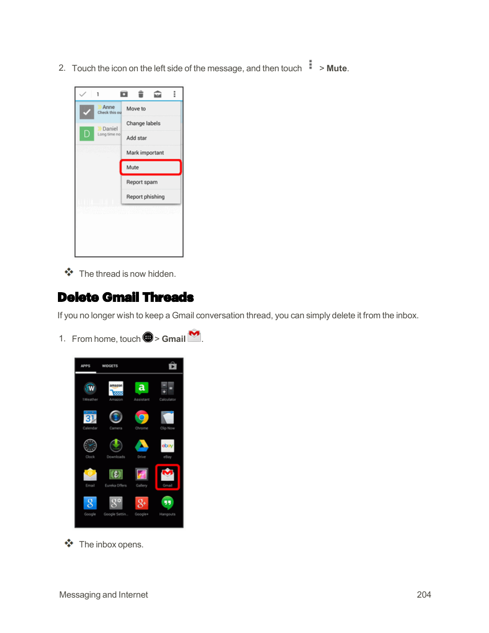 Delete gmail threads | Sharp AQUOS Crystal User Manual | Page 213 / 448