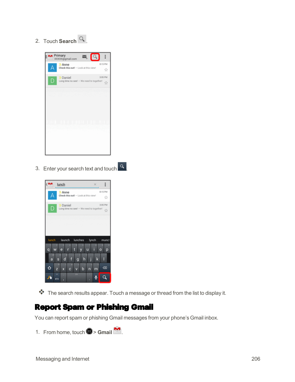 Report spam or phishing gmail | Sharp AQUOS Crystal User Manual | Page 215 / 448