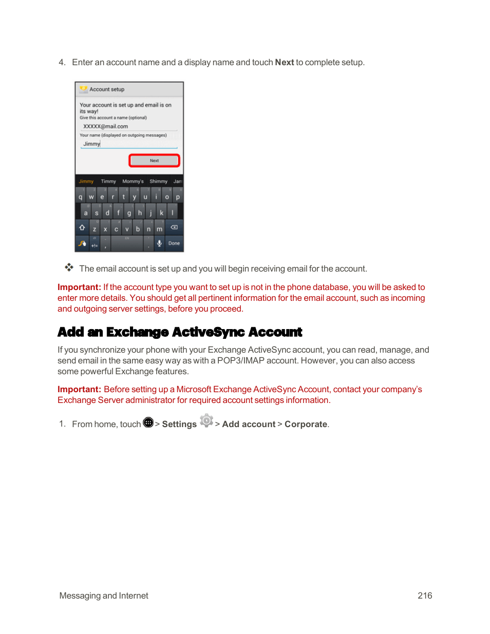 Add an exchange activesync account | Sharp AQUOS Crystal User Manual | Page 225 / 448
