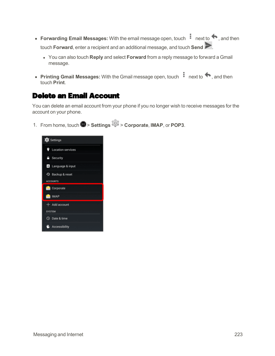 Delete an email account | Sharp AQUOS Crystal User Manual | Page 232 / 448