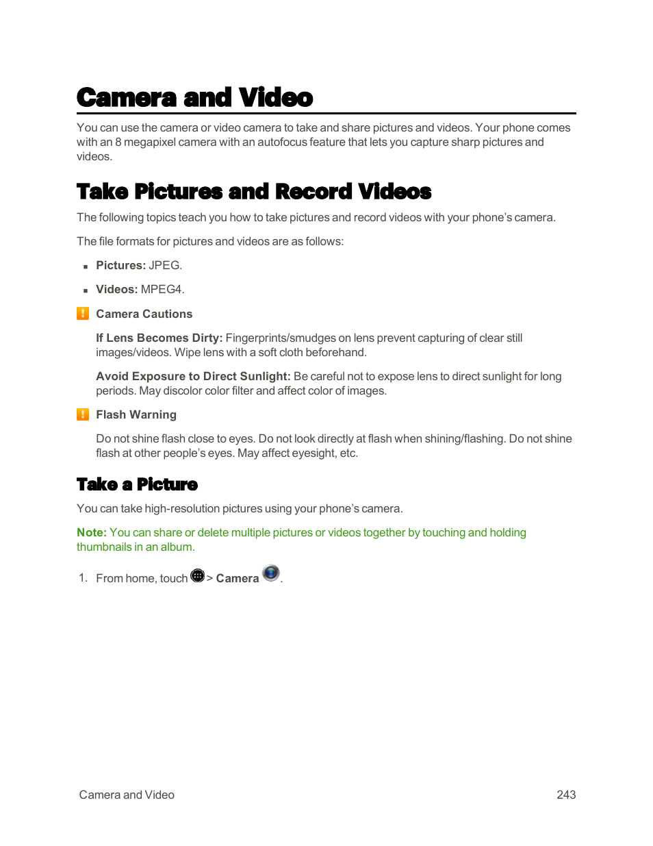 Camera and video, Take pictures and record videos, Take a picture | Sharp AQUOS Crystal User Manual | Page 252 / 448