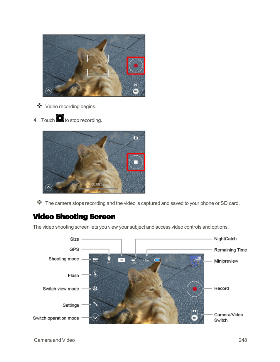 Video shooting screen | Sharp AQUOS Crystal User Manual | Page 257 / 448