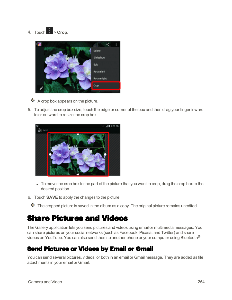 Share pictures and videos, Send pictures or videos by email or gmail | Sharp AQUOS Crystal User Manual | Page 263 / 448