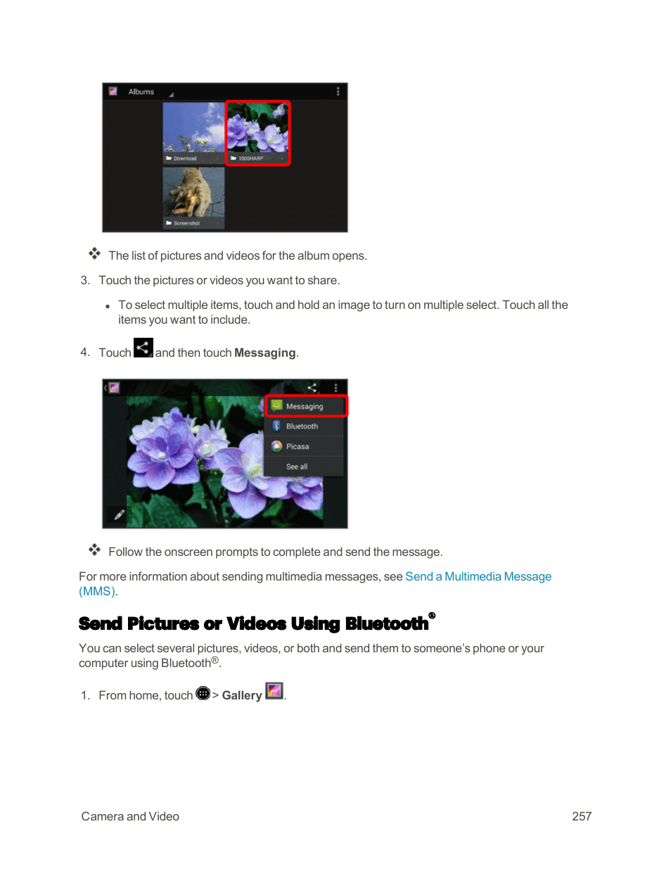 Send pictures or videos using bluetooth | Sharp AQUOS Crystal User Manual | Page 266 / 448