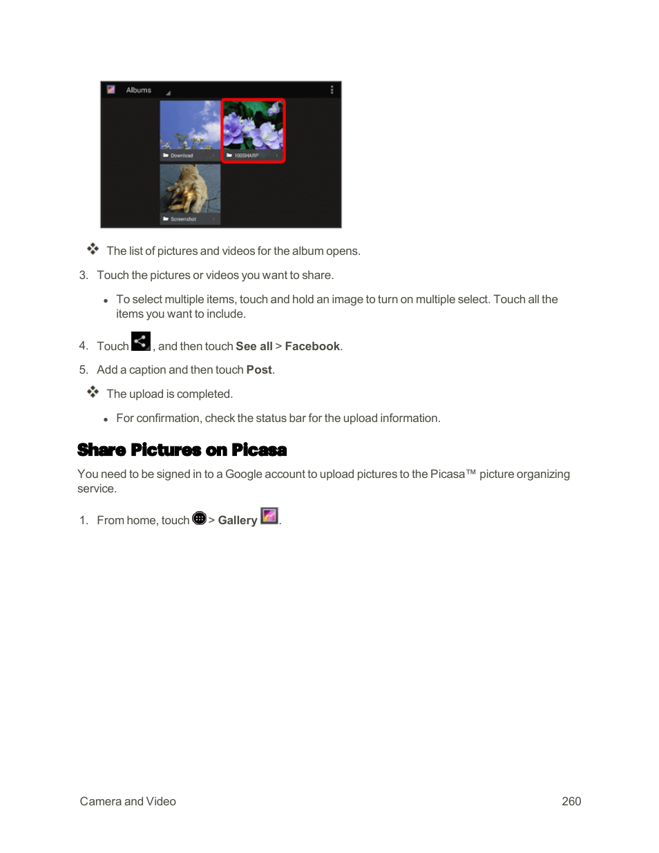 Share pictures on picasa | Sharp AQUOS Crystal User Manual | Page 269 / 448