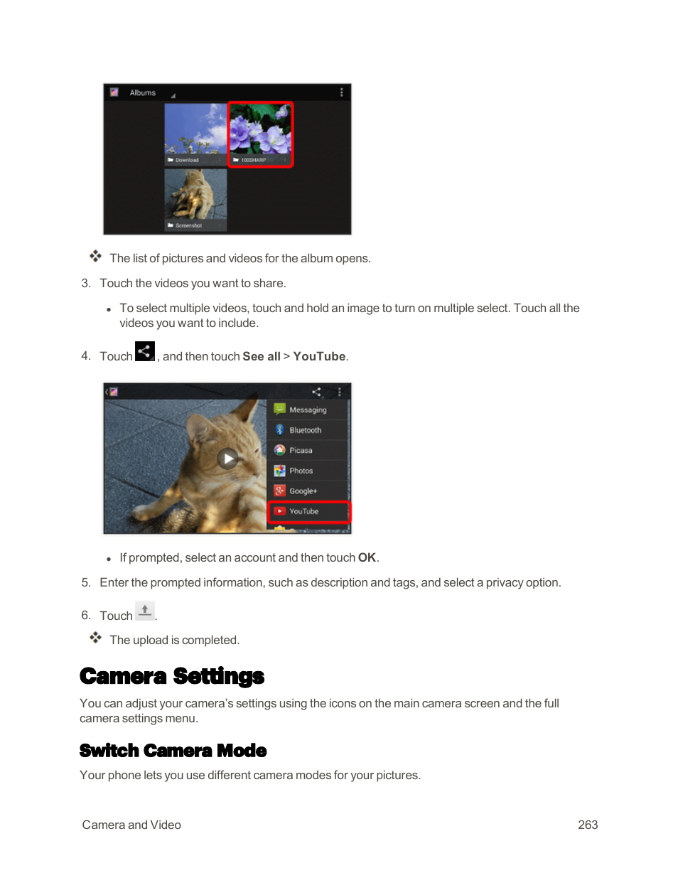 Camera settings, Switch camera mode | Sharp AQUOS Crystal User Manual | Page 272 / 448