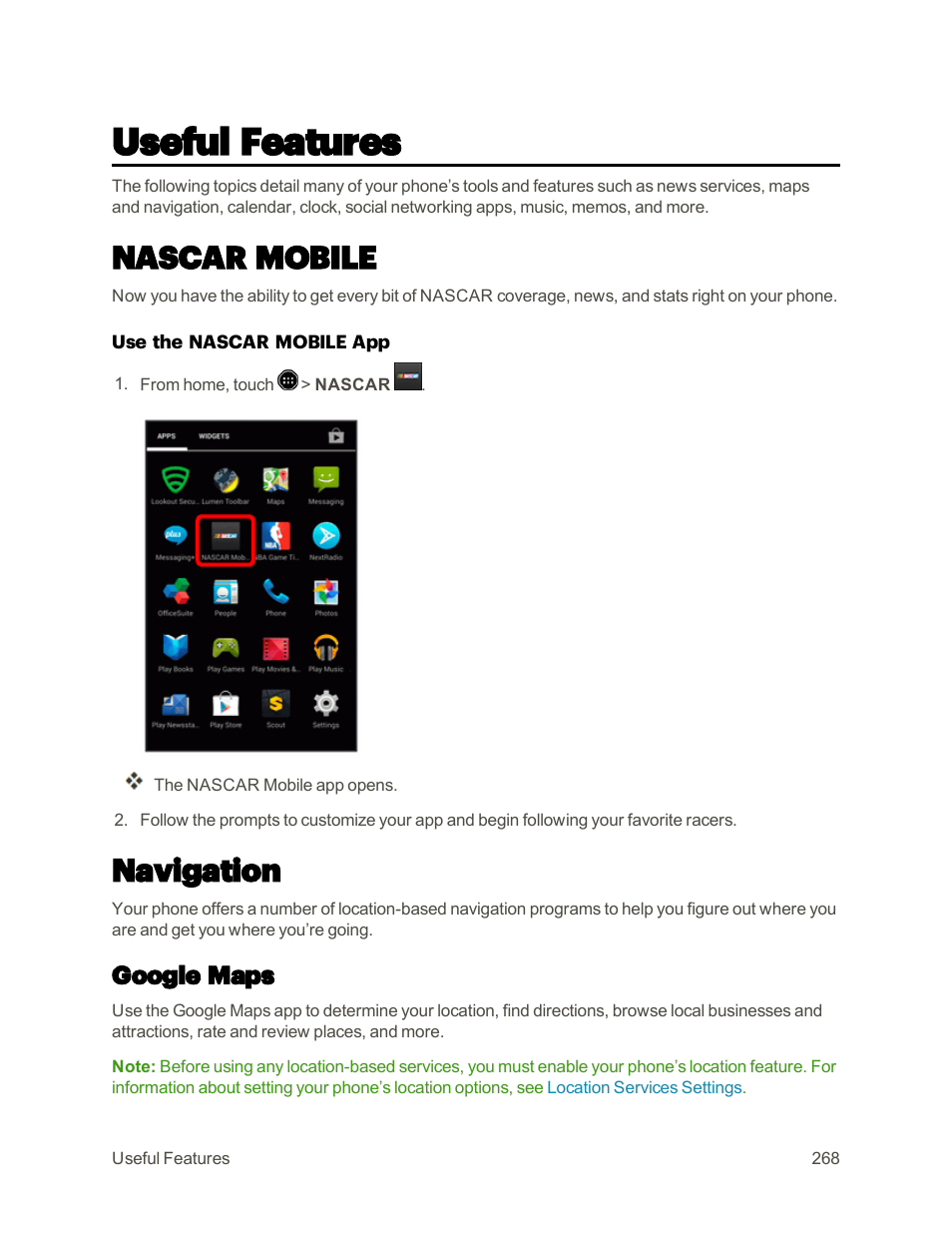 Useful features, Nascar mobile, Navigation | Google maps | Sharp AQUOS Crystal User Manual | Page 277 / 448