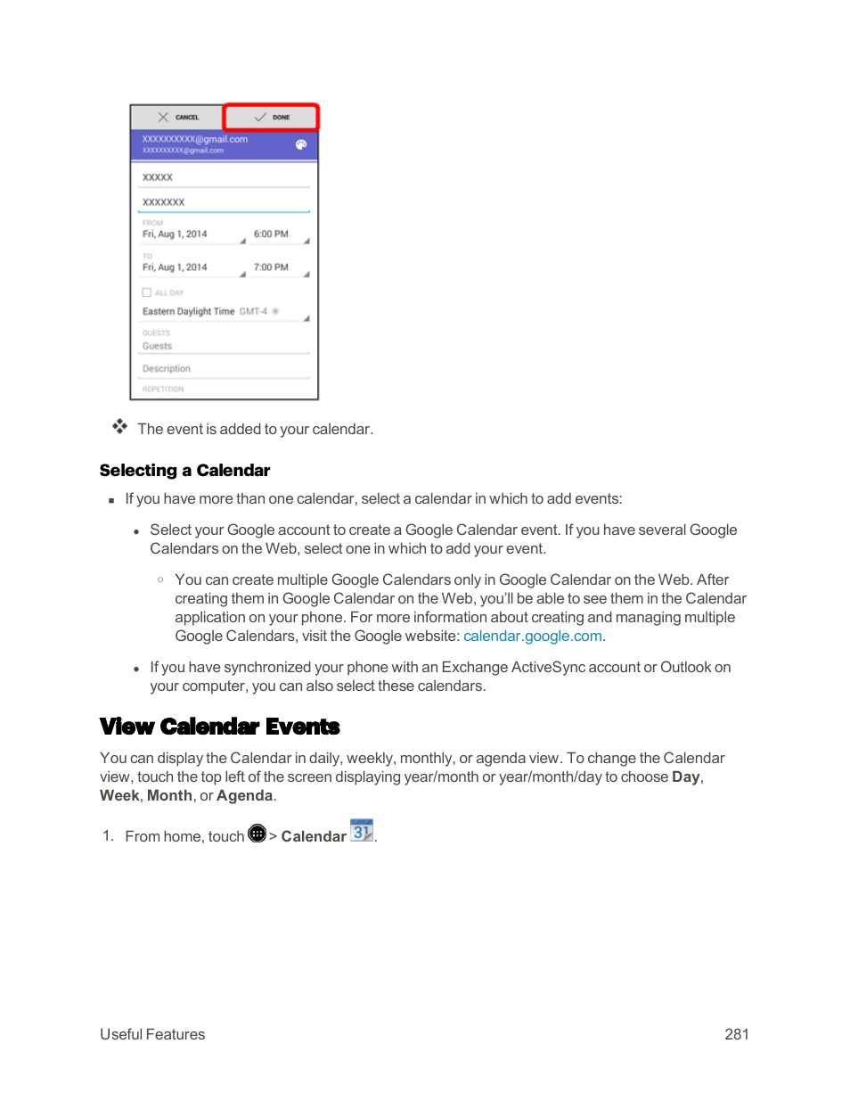 View calendar events | Sharp AQUOS Crystal User Manual | Page 290 / 448