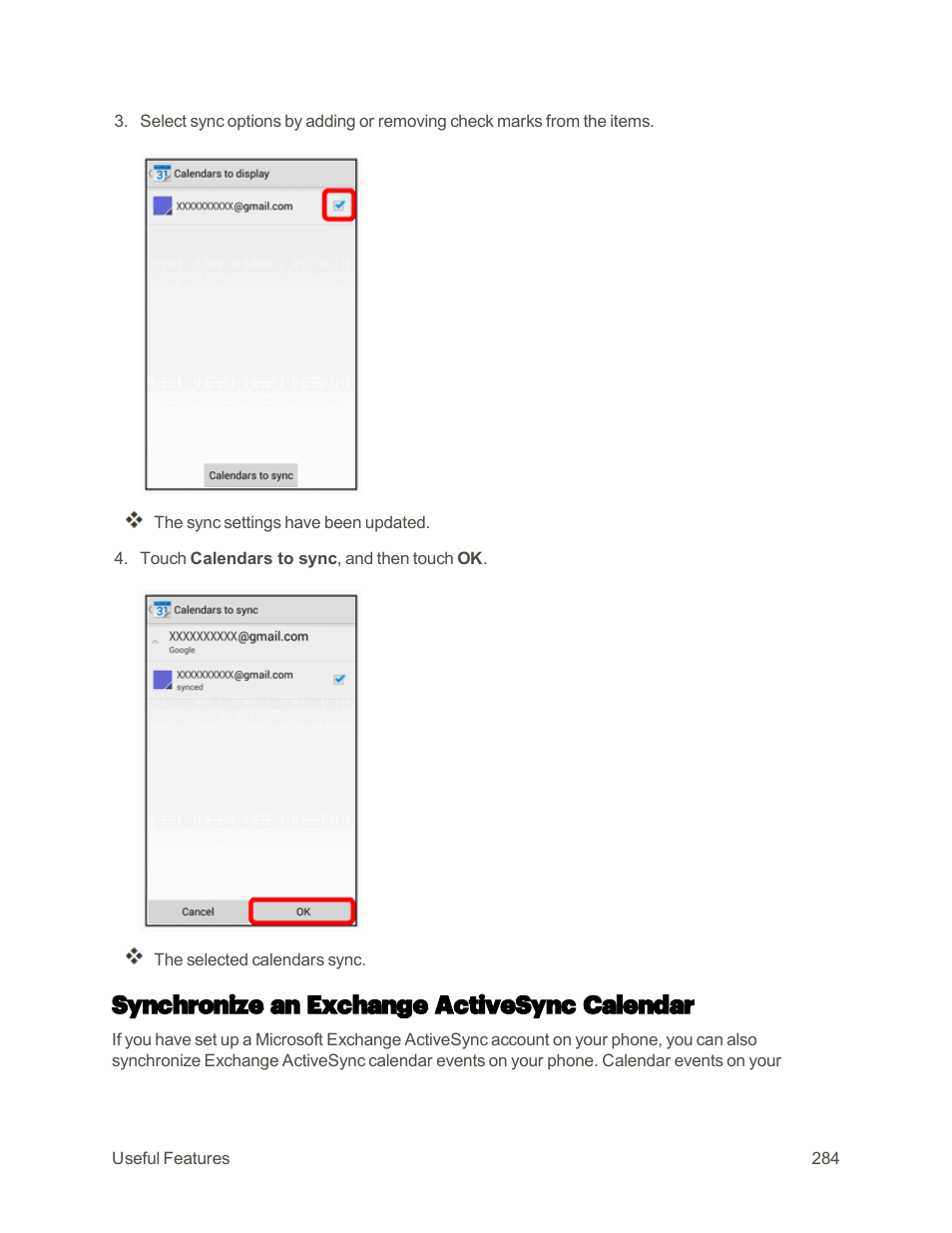 Synchronize an exchange activesync calendar | Sharp AQUOS Crystal User Manual | Page 293 / 448