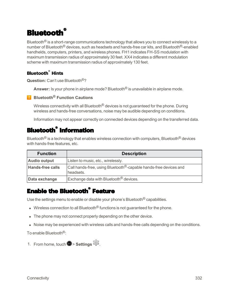 Bluetooth, Bluetooth® information, Enable the bluetooth® feature | Information, Enable the bluetooth, Feature | Sharp AQUOS Crystal User Manual | Page 341 / 448