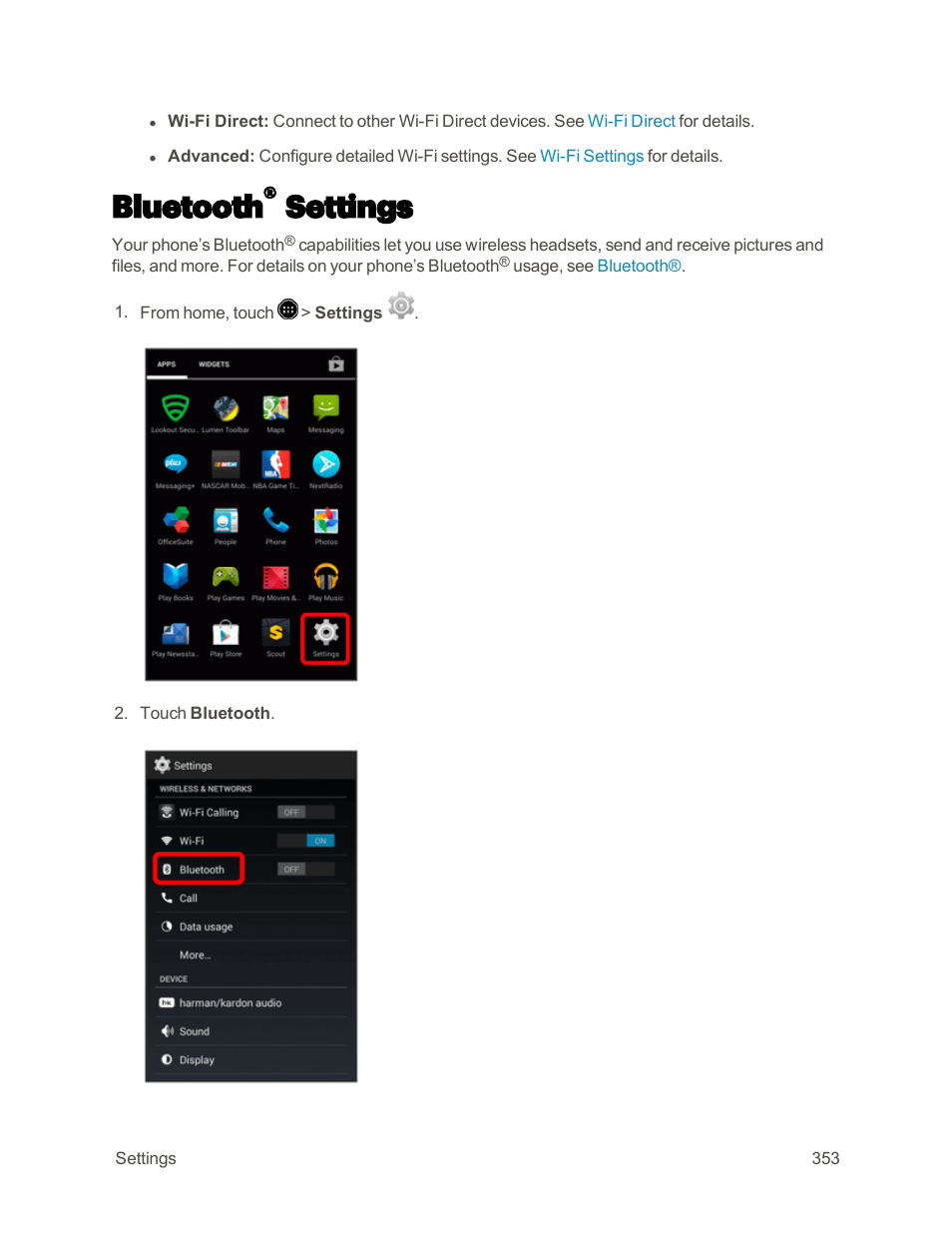 Bluetooth® settings, Bluetooth, Settings | Sharp AQUOS Crystal User Manual | Page 362 / 448