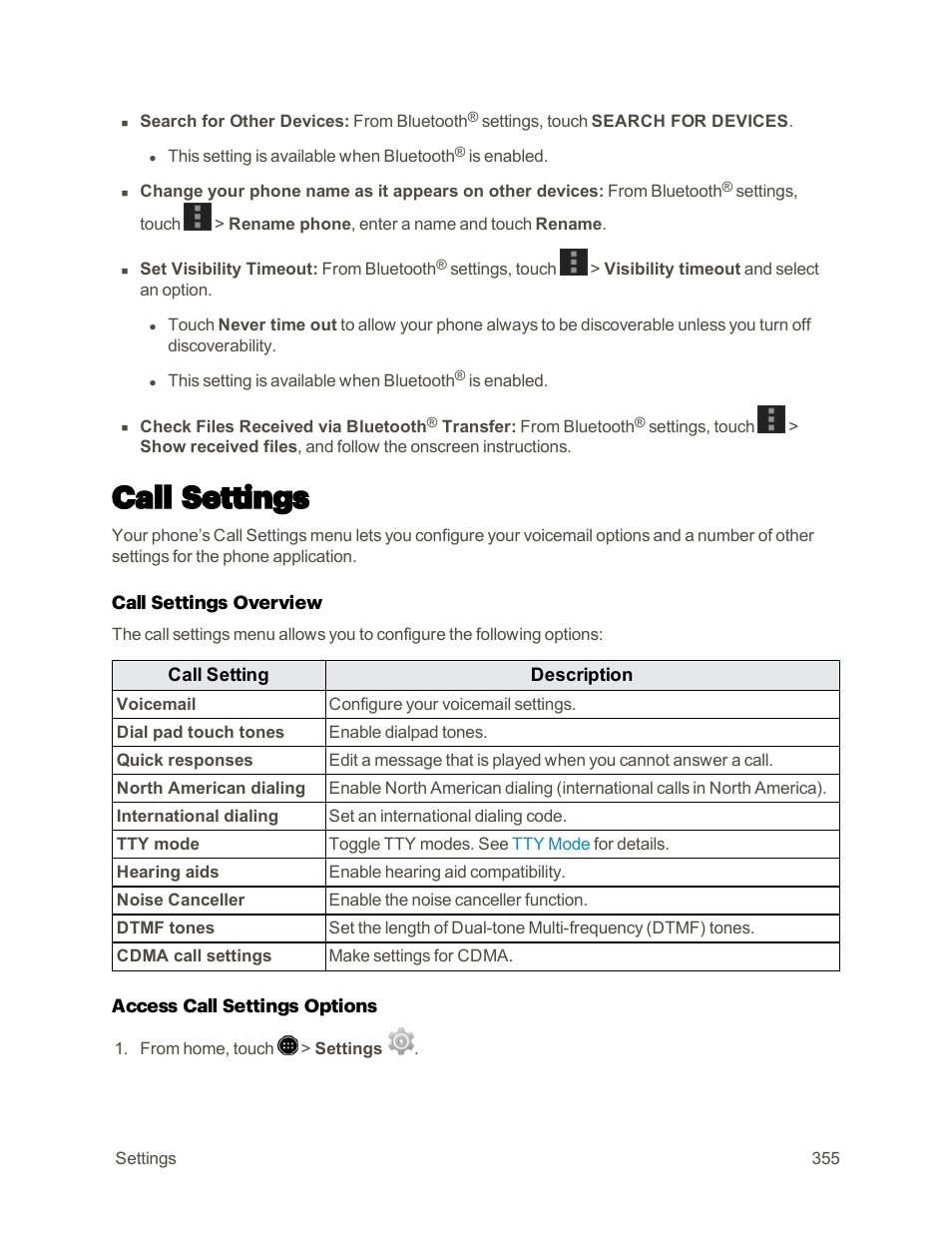 Call settings | Sharp AQUOS Crystal User Manual | Page 364 / 448