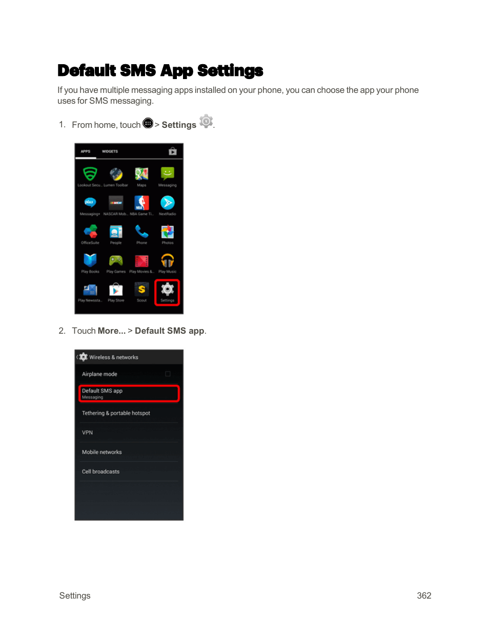 Default sms app settings | Sharp AQUOS Crystal User Manual | Page 371 / 448