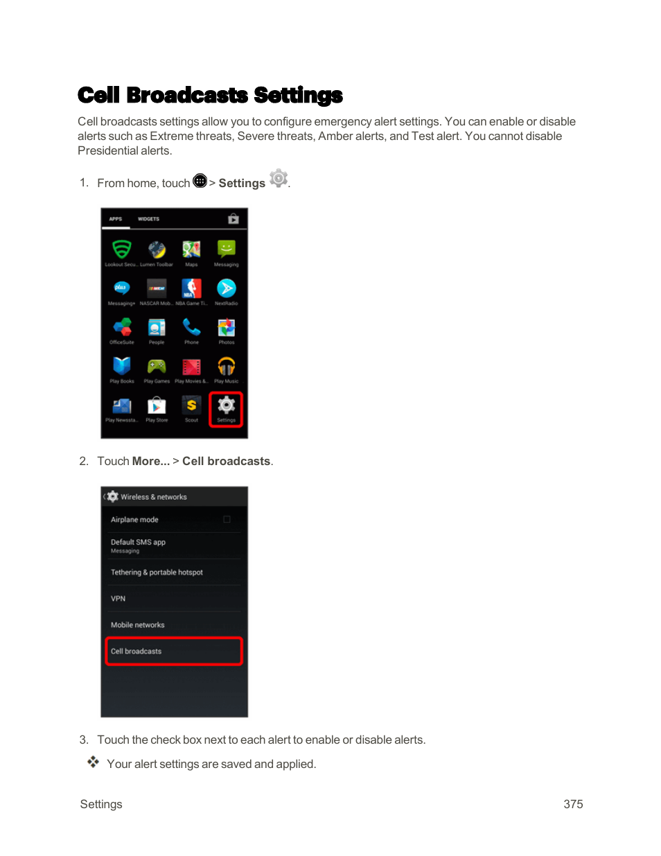 Cell broadcasts settings | Sharp AQUOS Crystal User Manual | Page 384 / 448