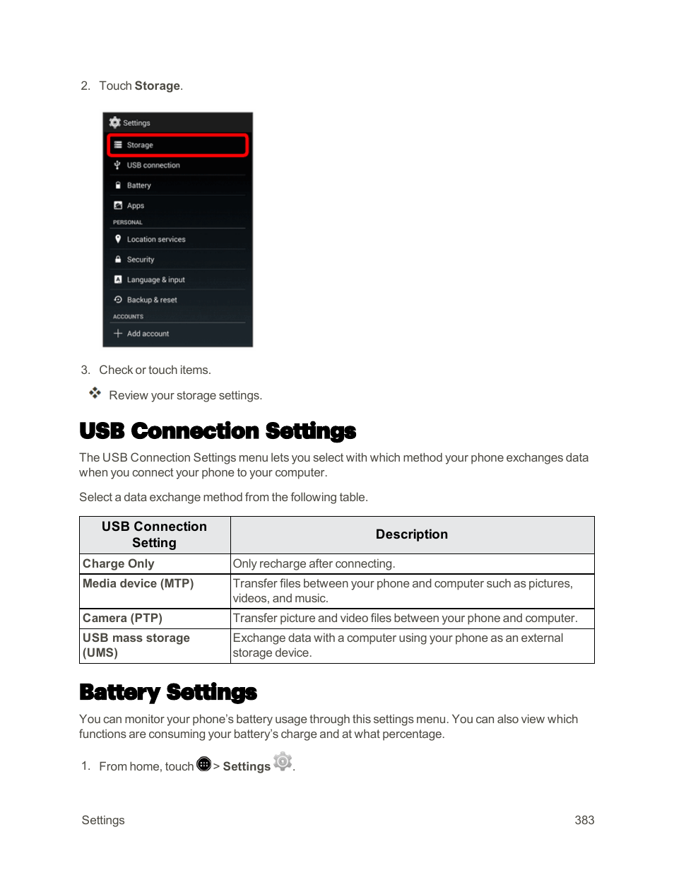 Usb connection settings, Battery settings | Sharp AQUOS Crystal User Manual | Page 392 / 448