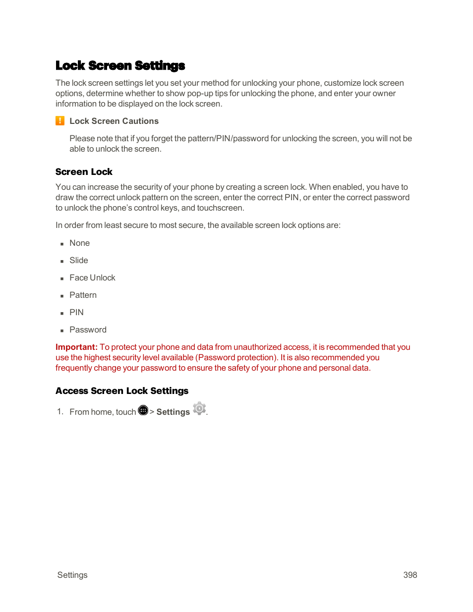 Lock screen settings, Screen lock | Sharp AQUOS Crystal User Manual | Page 407 / 448