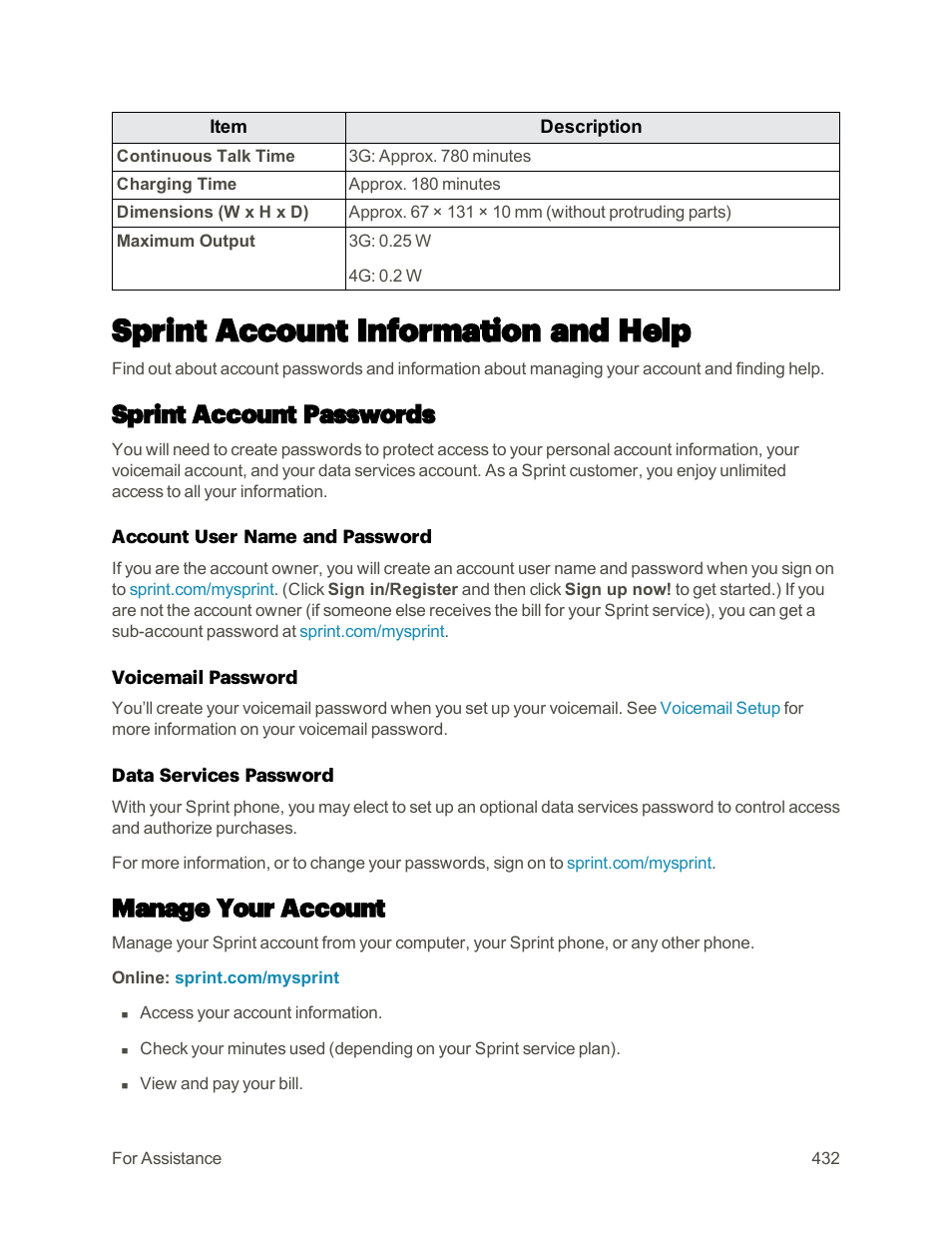 Sprint account information and help, Sprint account passwords, Manage your account | Sharp AQUOS Crystal User Manual | Page 441 / 448