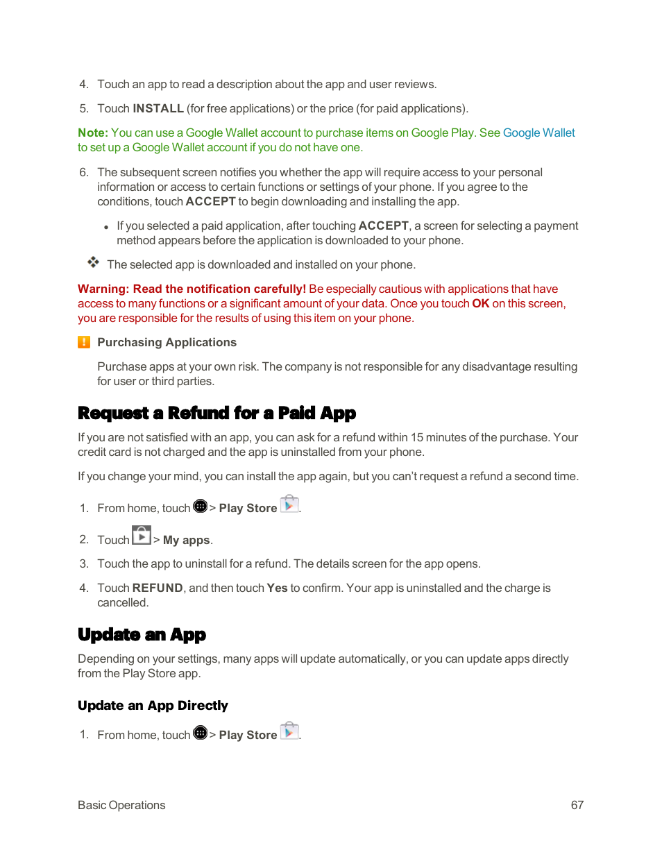 Request a refund for a paid app, Update an app | Sharp AQUOS Crystal User Manual | Page 76 / 448