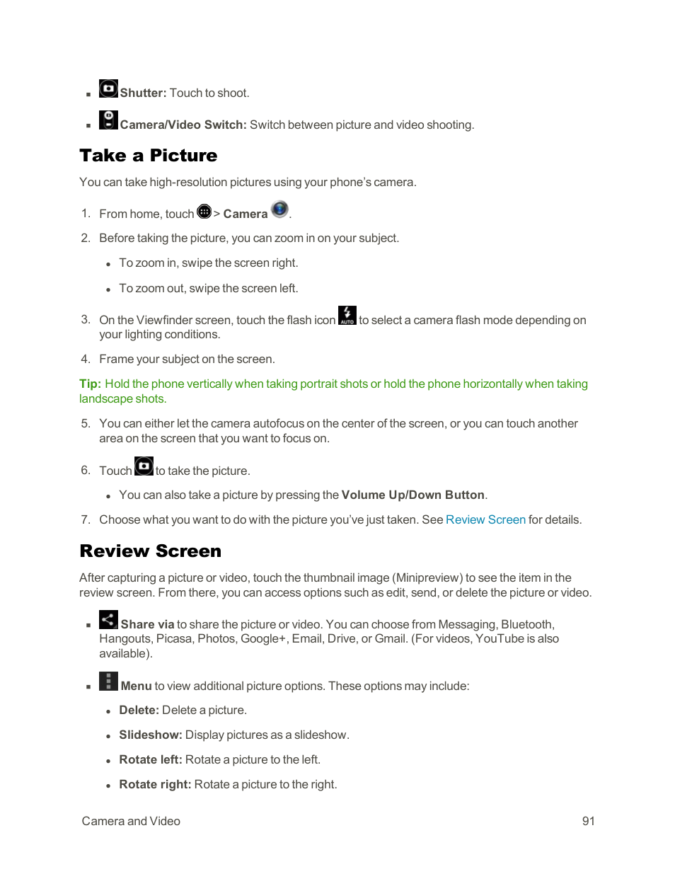 Take a picture, Review screen | Sharp AQUOS Crystal User Manual | Page 101 / 171