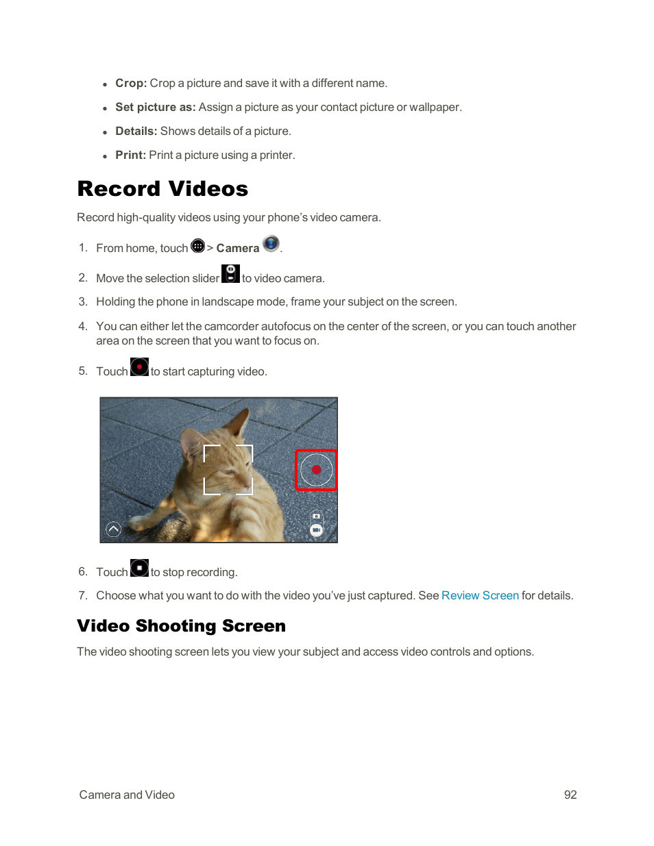 Record videos, Video shooting screen | Sharp AQUOS Crystal User Manual | Page 102 / 171