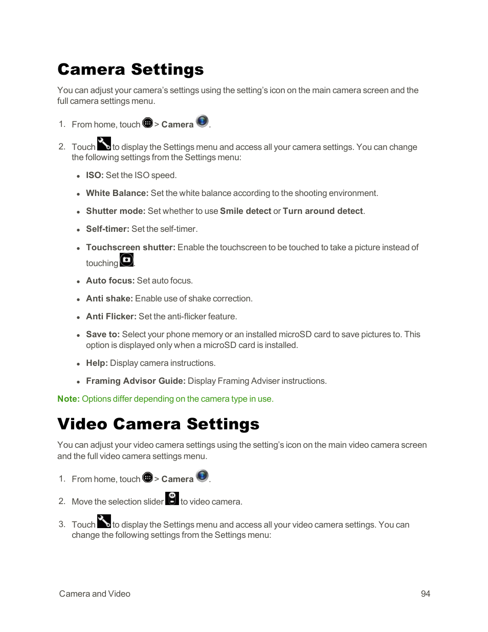 Camera settings, Video camera settings | Sharp AQUOS Crystal User Manual | Page 104 / 171