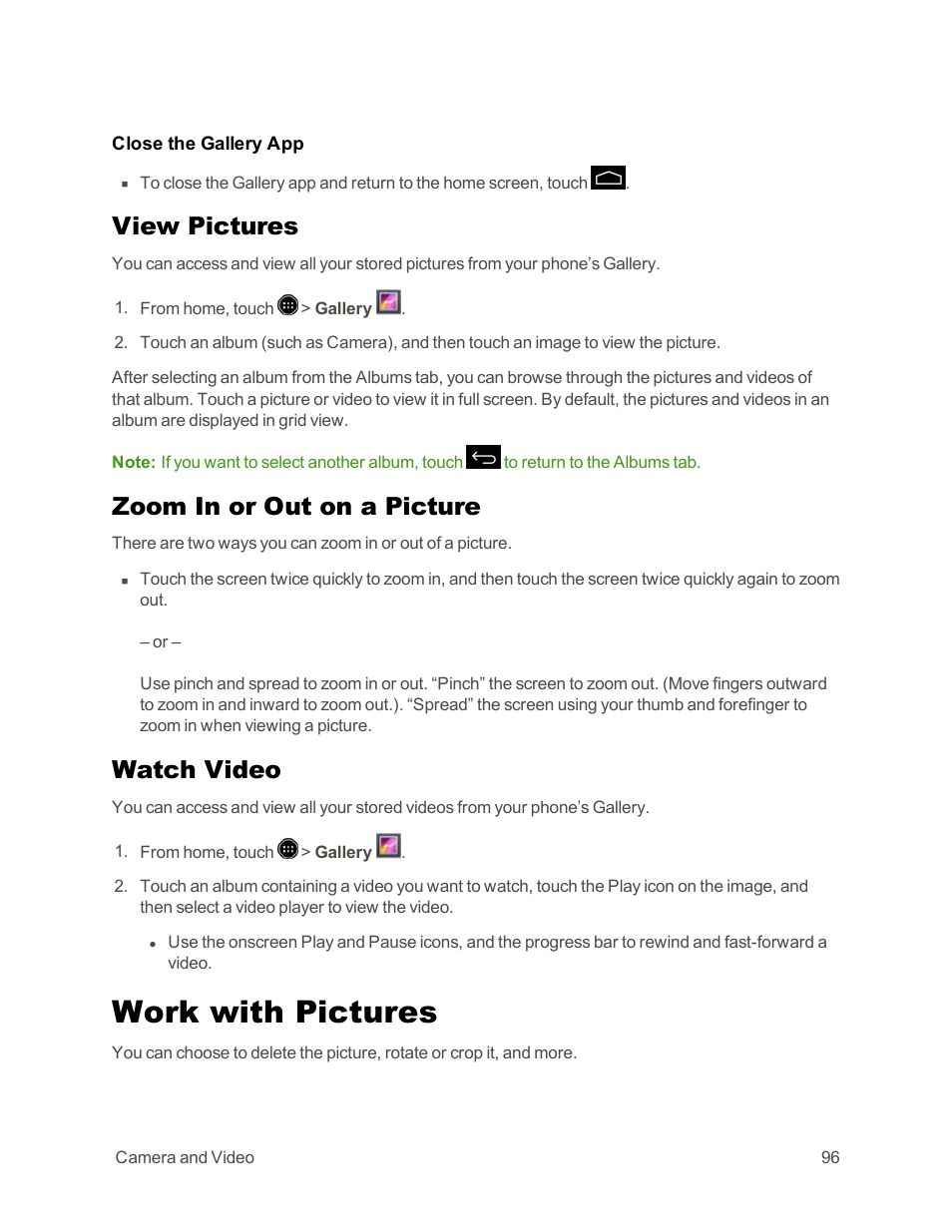 View pictures, Zoom in or out on a picture, Watch video | Work with pictures | Sharp AQUOS Crystal User Manual | Page 106 / 171