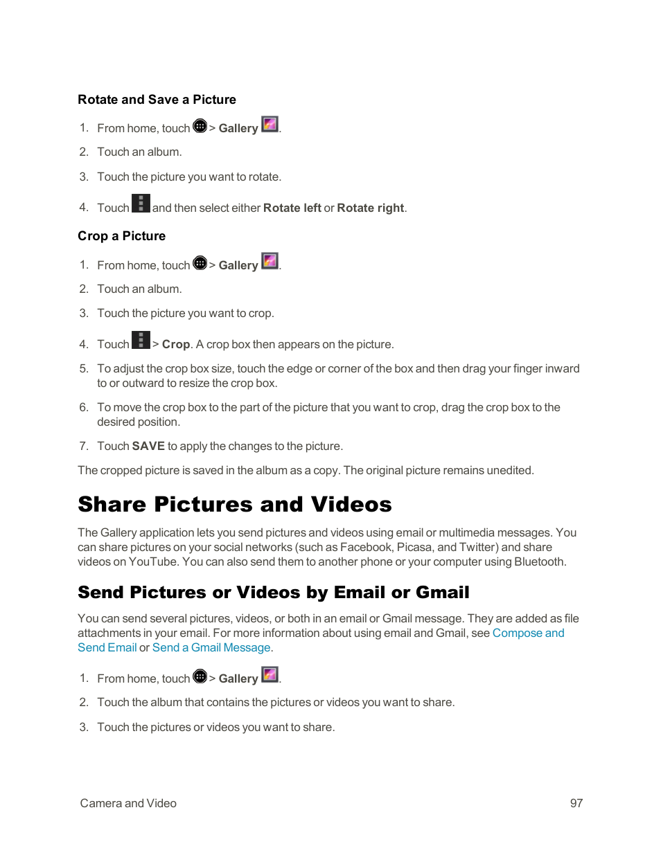 Share pictures and videos, Send pictures or videos by email or gmail | Sharp AQUOS Crystal User Manual | Page 107 / 171