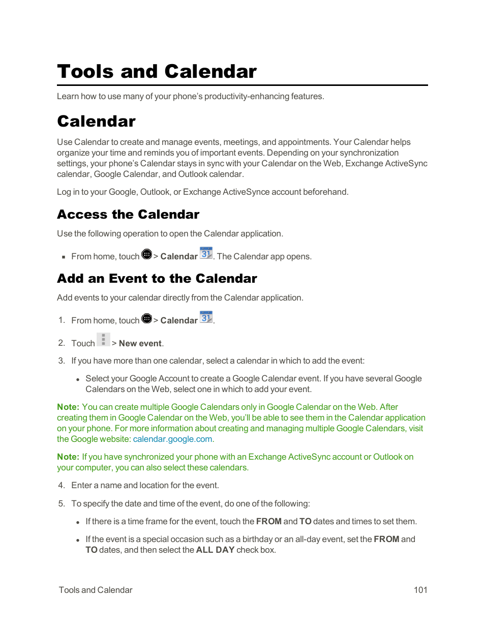 Tools and calendar, Calendar, Access the calendar | Add an event to the calendar | Sharp AQUOS Crystal User Manual | Page 111 / 171