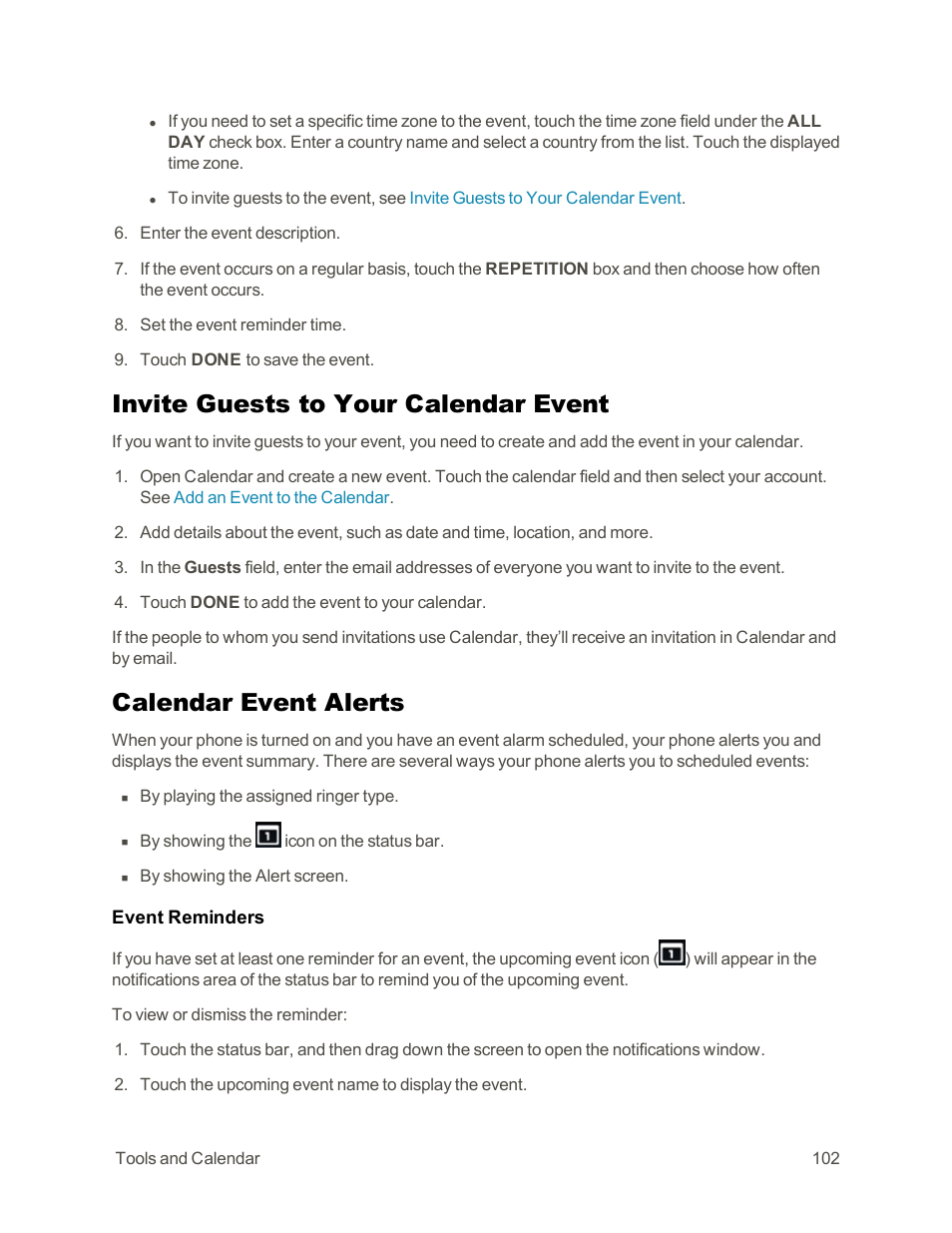 Invite guests to your calendar event, Calendar event alerts | Sharp AQUOS Crystal User Manual | Page 112 / 171