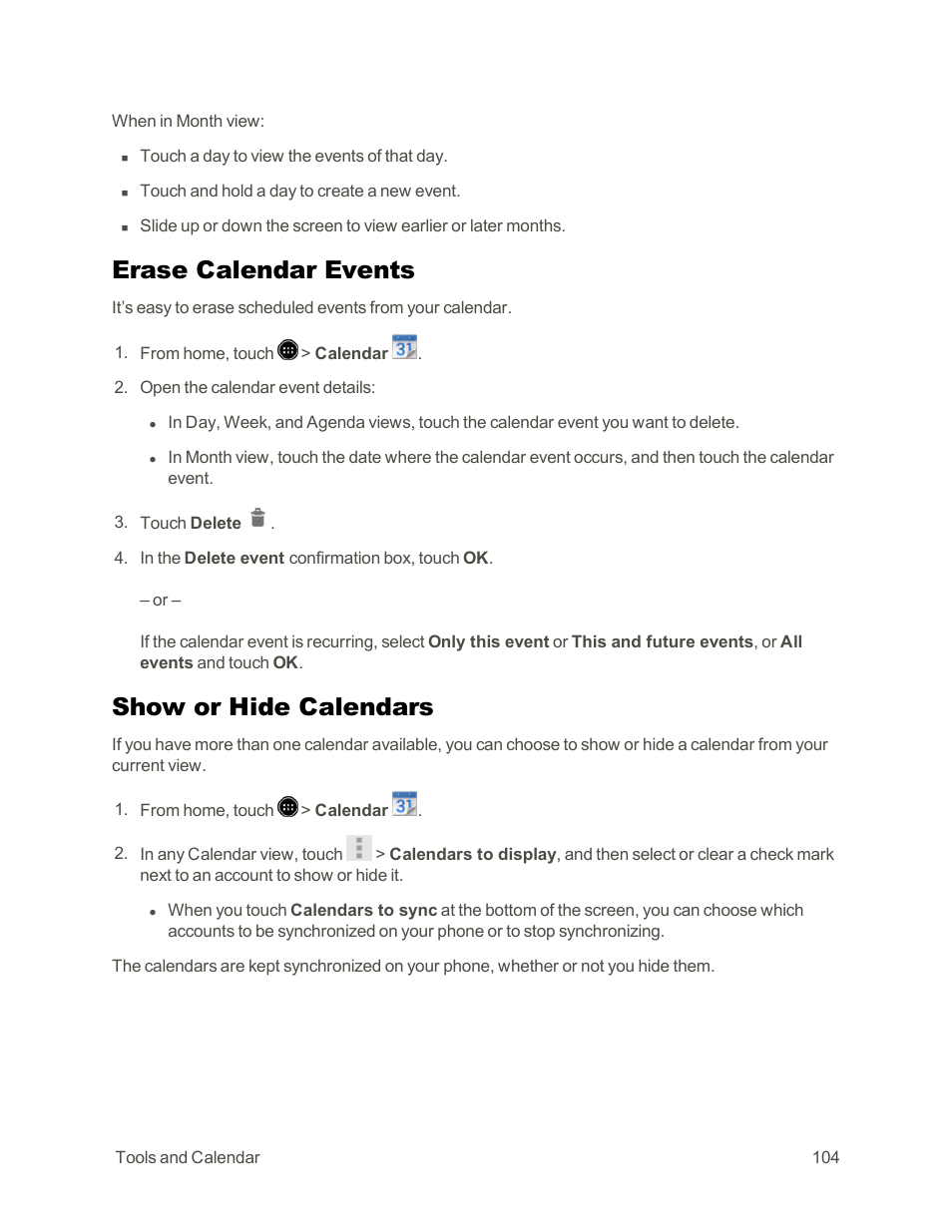 Erase calendar events, Show or hide calendars | Sharp AQUOS Crystal User Manual | Page 114 / 171