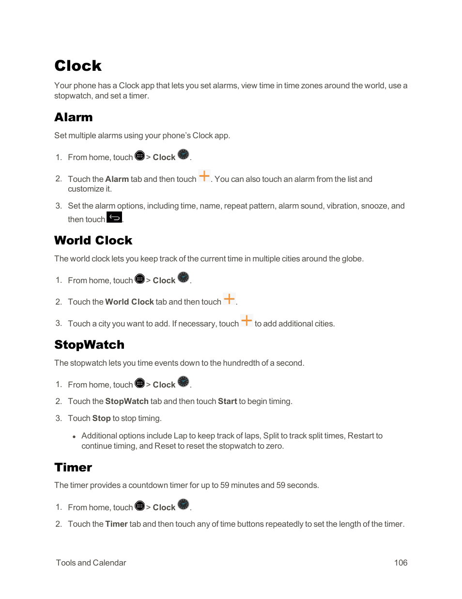 Clock, Alarm, World clock | Stopwatch, Timer | Sharp AQUOS Crystal User Manual | Page 116 / 171