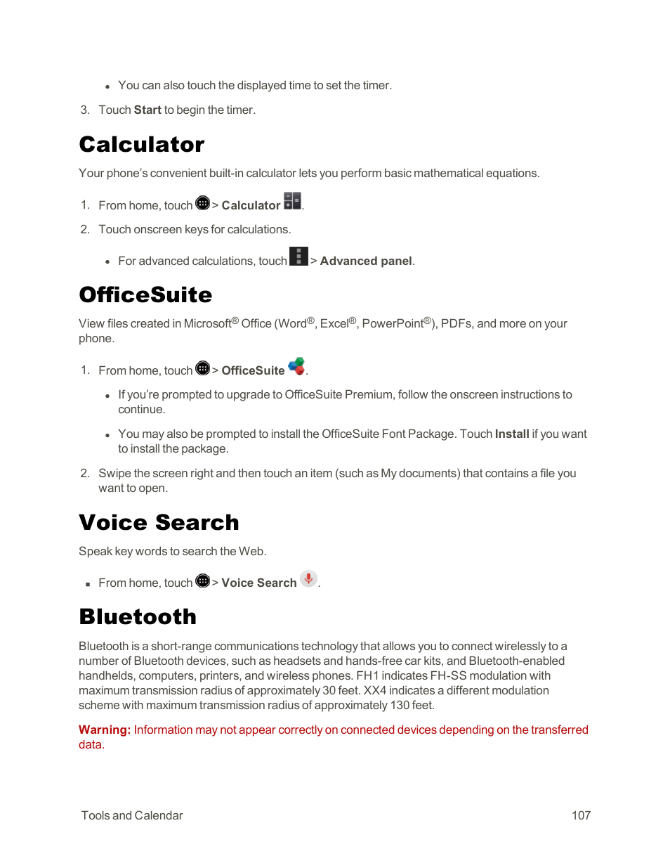 Calculator, Officesuite, Voice search | Bluetooth | Sharp AQUOS Crystal User Manual | Page 117 / 171