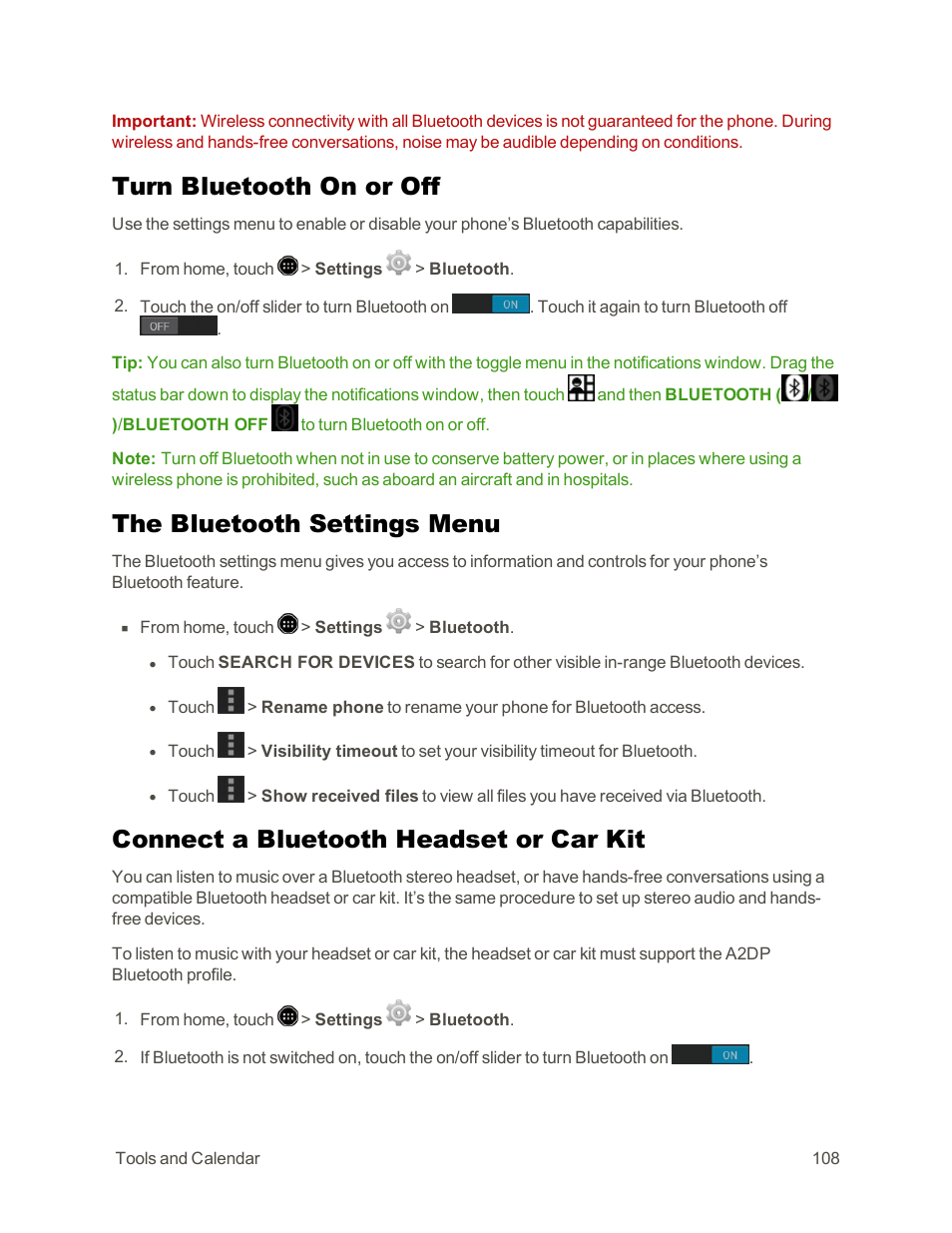 Turn bluetooth on or off, The bluetooth settings menu, Connect a bluetooth headset or car kit | Sharp AQUOS Crystal User Manual | Page 118 / 171