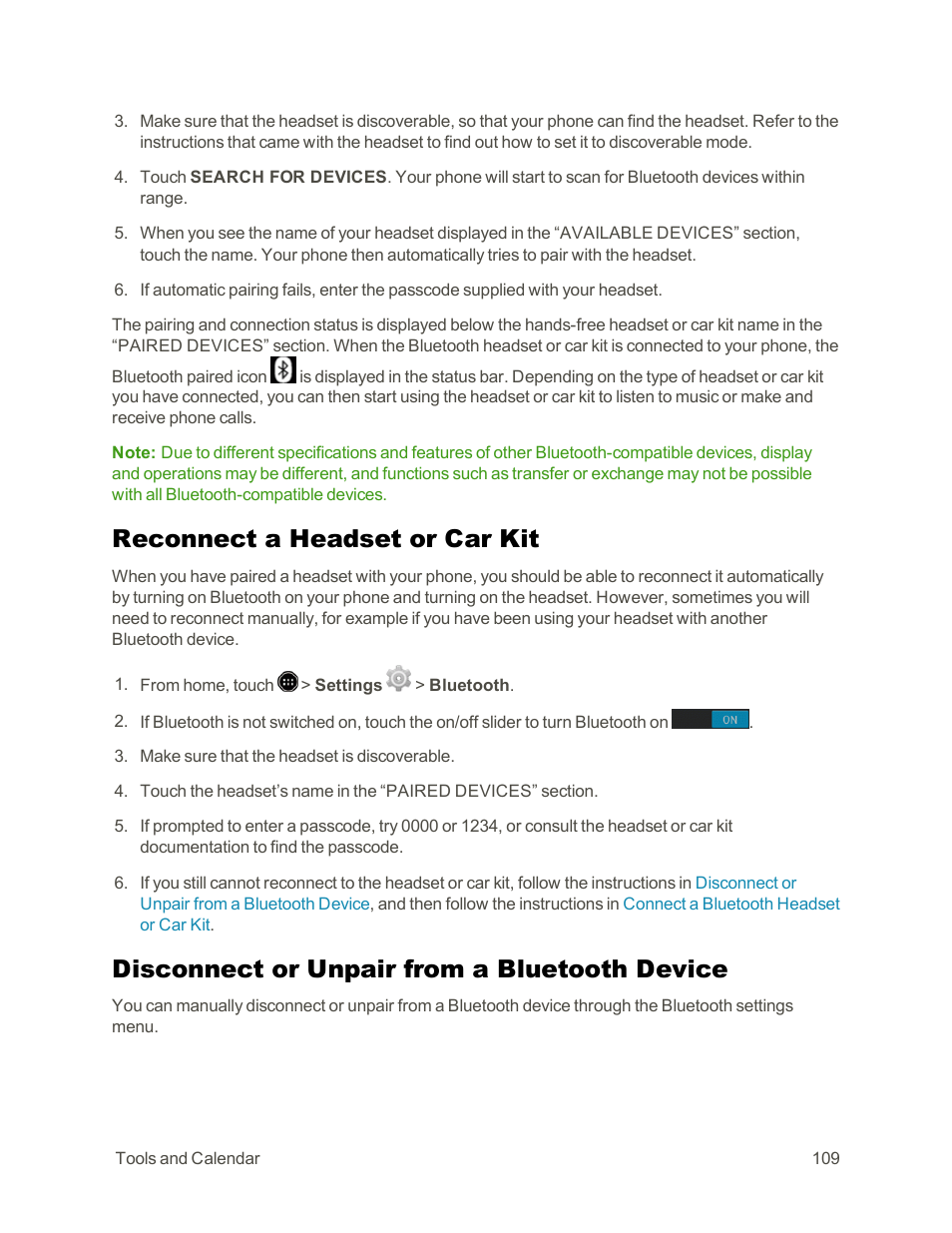 Reconnect a headset or car kit, Disconnect or unpair from a bluetooth device | Sharp AQUOS Crystal User Manual | Page 119 / 171