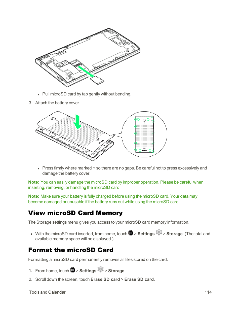 View microsd card memory, Format the microsd card | Sharp AQUOS Crystal User Manual | Page 124 / 171