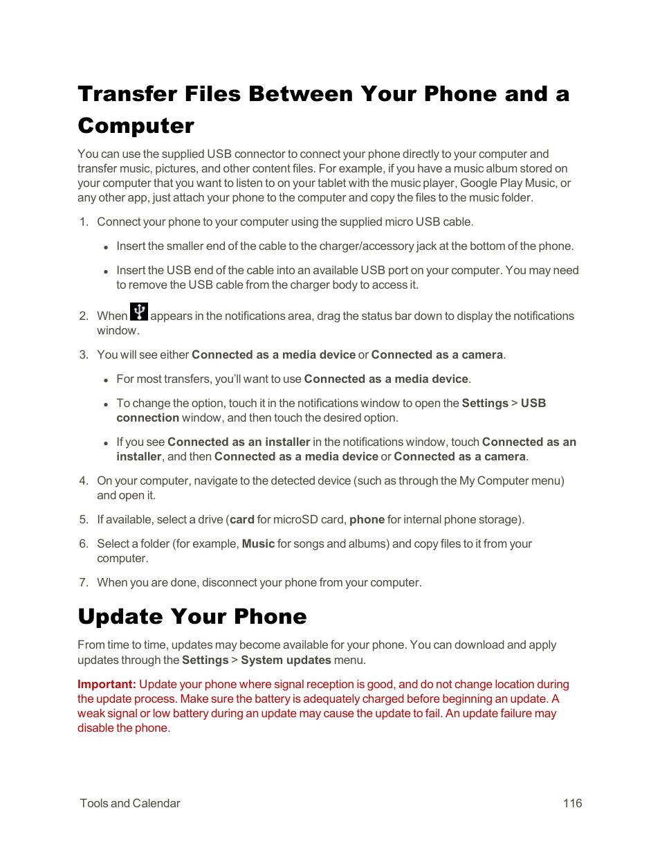 Transfer files between your phone and a computer, Update your phone, Transfer files between your | Phone and a computer | Sharp AQUOS Crystal User Manual | Page 126 / 171