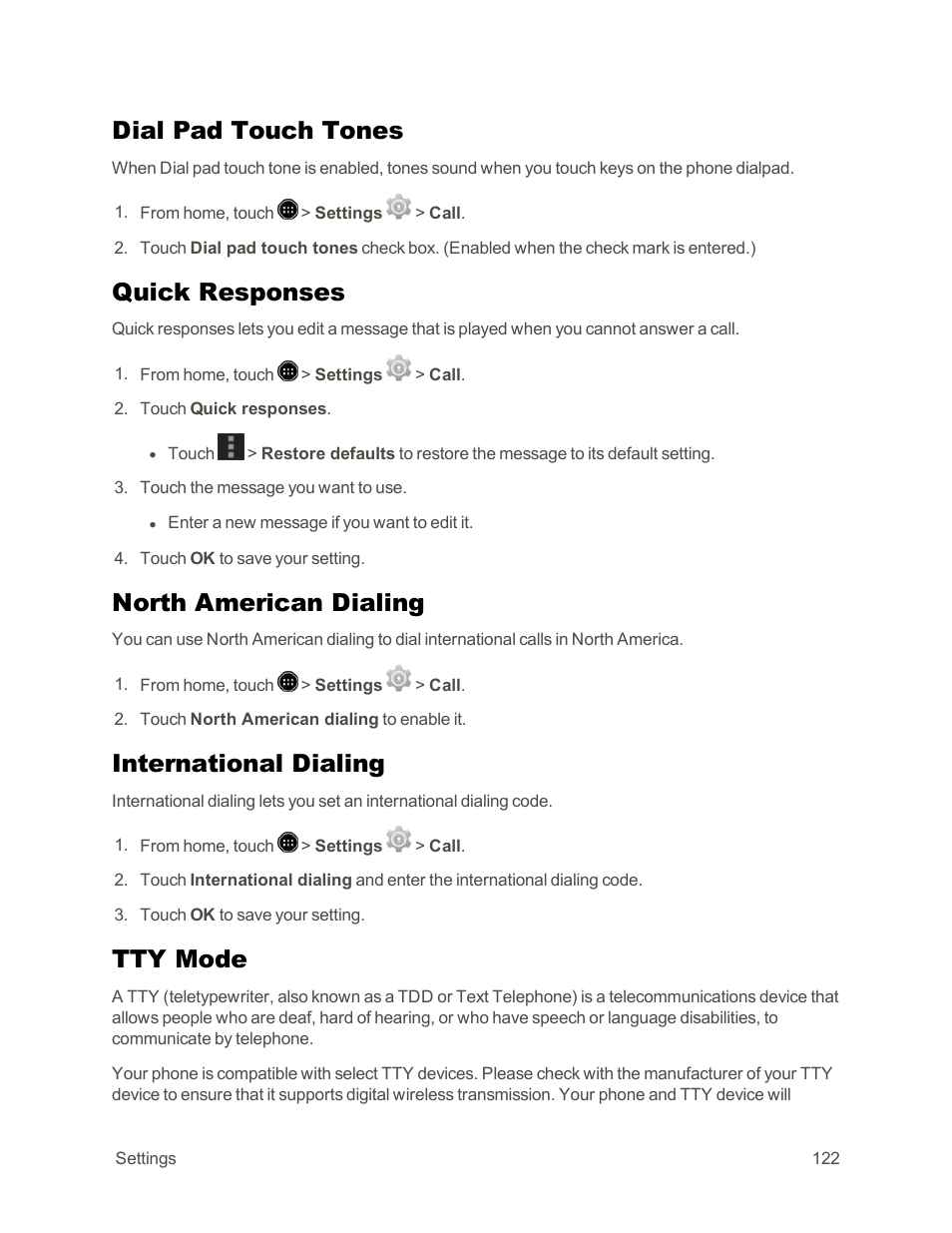 Dial pad touch tones, Quick responses, North american dialing | International dialing, Tty mode | Sharp AQUOS Crystal User Manual | Page 132 / 171