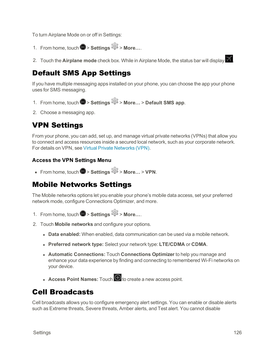 Default sms app settings, Vpn settings, Mobile networks settings | Cell broadcasts | Sharp AQUOS Crystal User Manual | Page 136 / 171