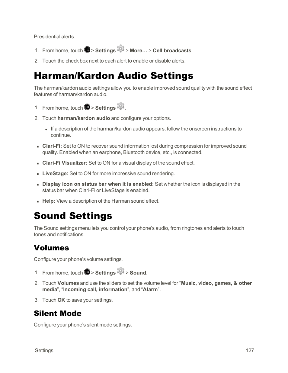 Harman/kardon audio settings, Sound settings, Volumes | Silent mode | Sharp AQUOS Crystal User Manual | Page 137 / 171