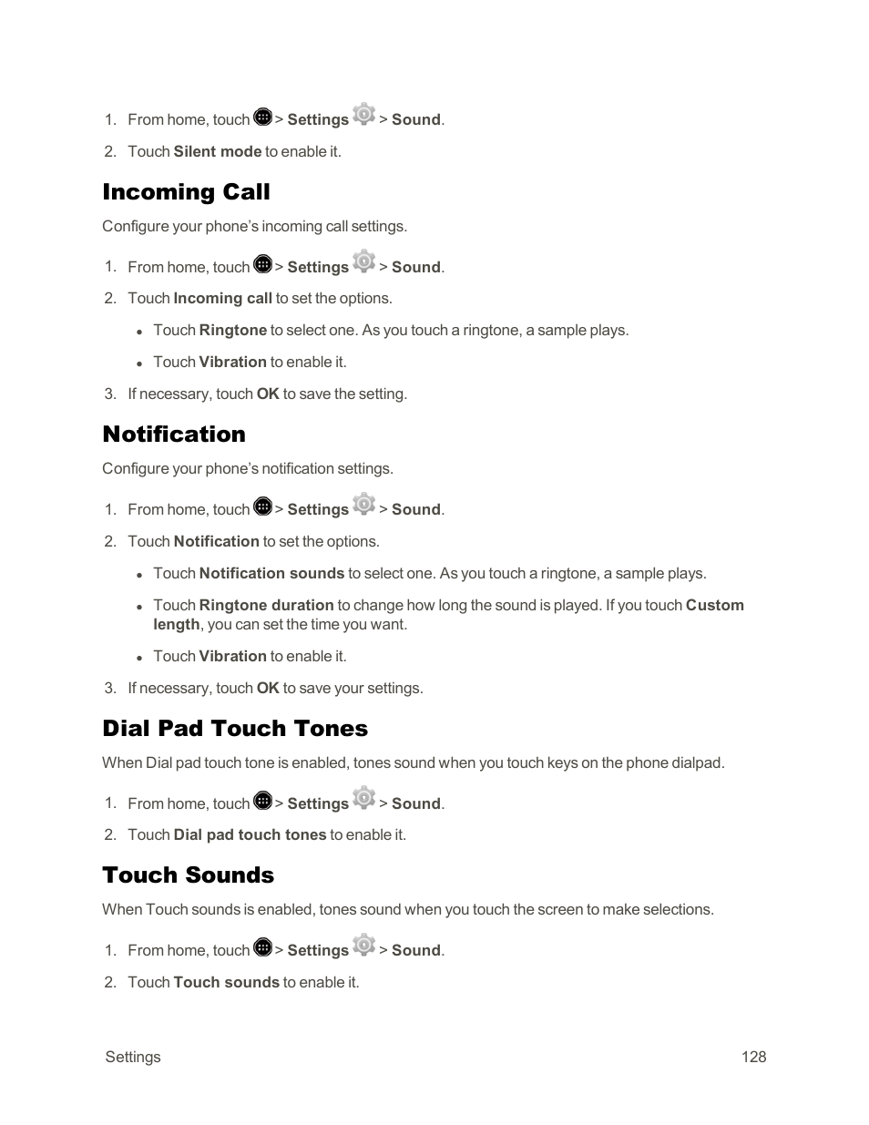 Incoming call, Notification, Dial pad touch tones | Touch sounds | Sharp AQUOS Crystal User Manual | Page 138 / 171