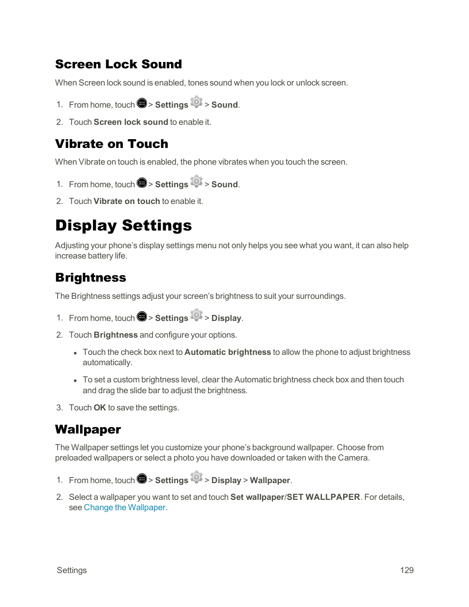Screen lock sound, Vibrate on touch, Display settings | Brightness, Wallpaper | Sharp AQUOS Crystal User Manual | Page 139 / 171