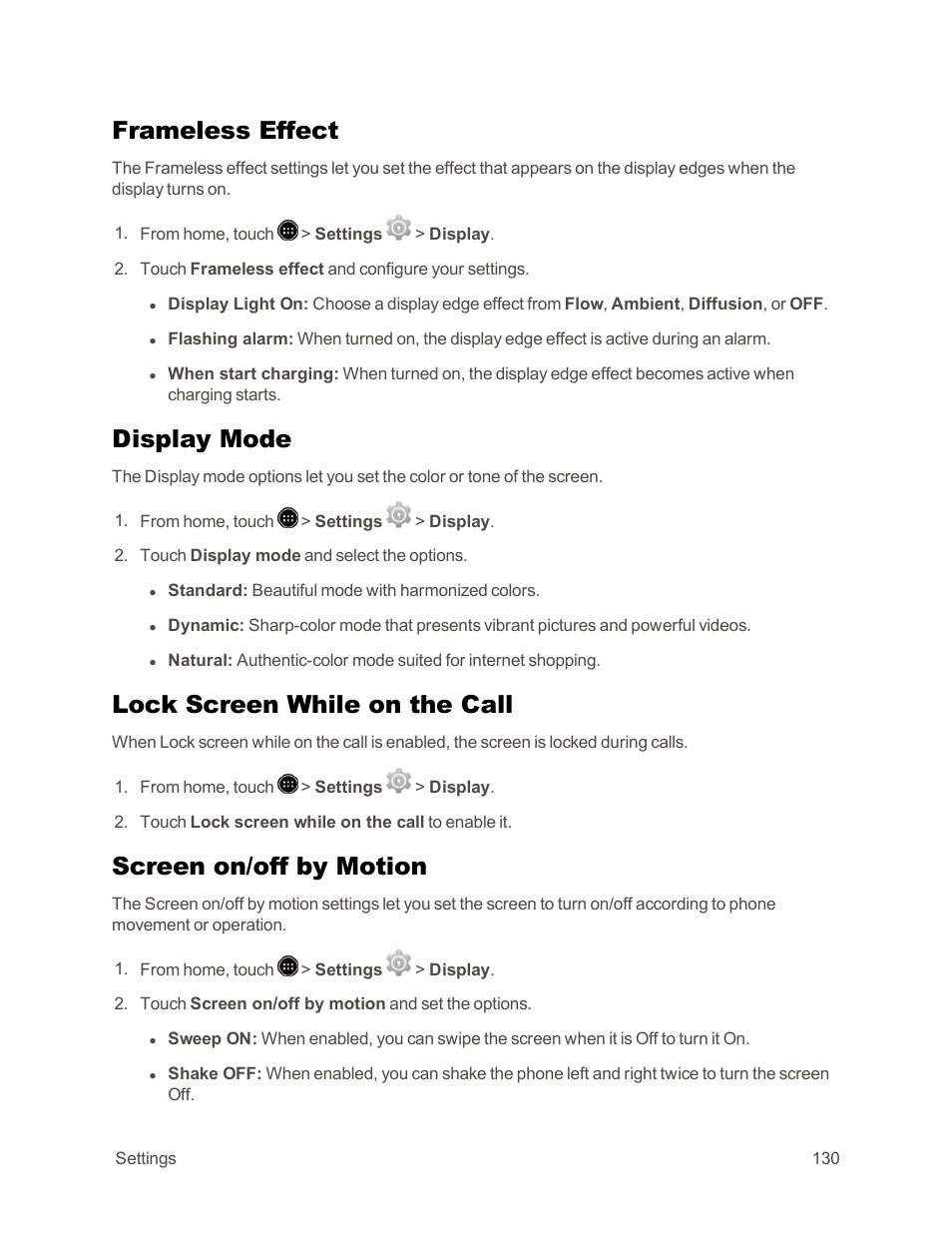 Frameless effect, Display mode, Lock screen while on the call | Screen on/off by motion | Sharp AQUOS Crystal User Manual | Page 140 / 171