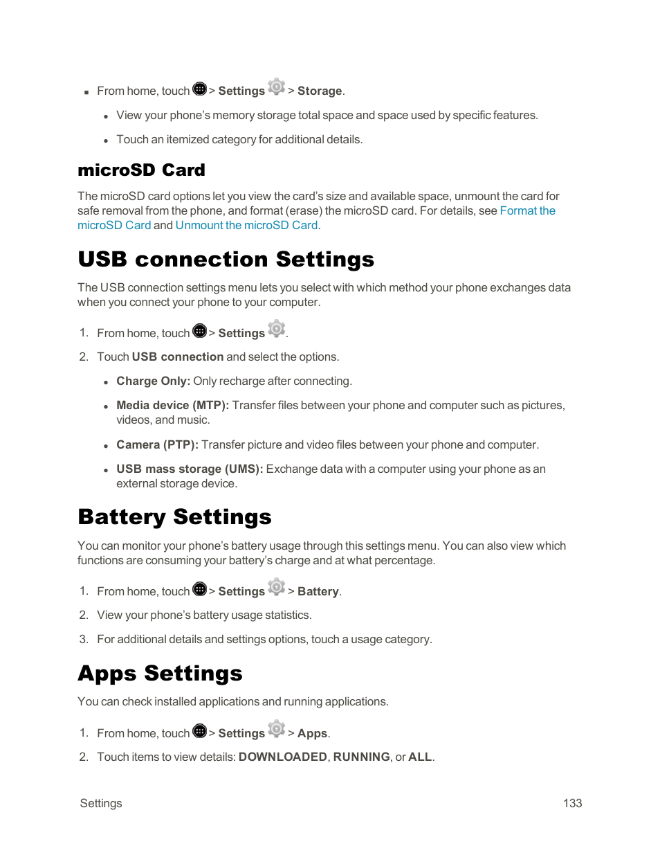 Microsd card, Usb connection settings, Battery settings | Apps settings | Sharp AQUOS Crystal User Manual | Page 143 / 171